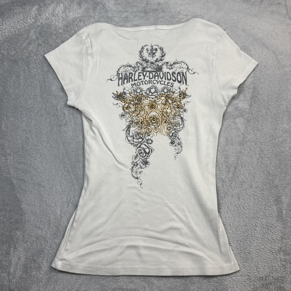 Harley Davidson Baby Doll Shirt Women Medium White Ribbed Rhinestone Y2K